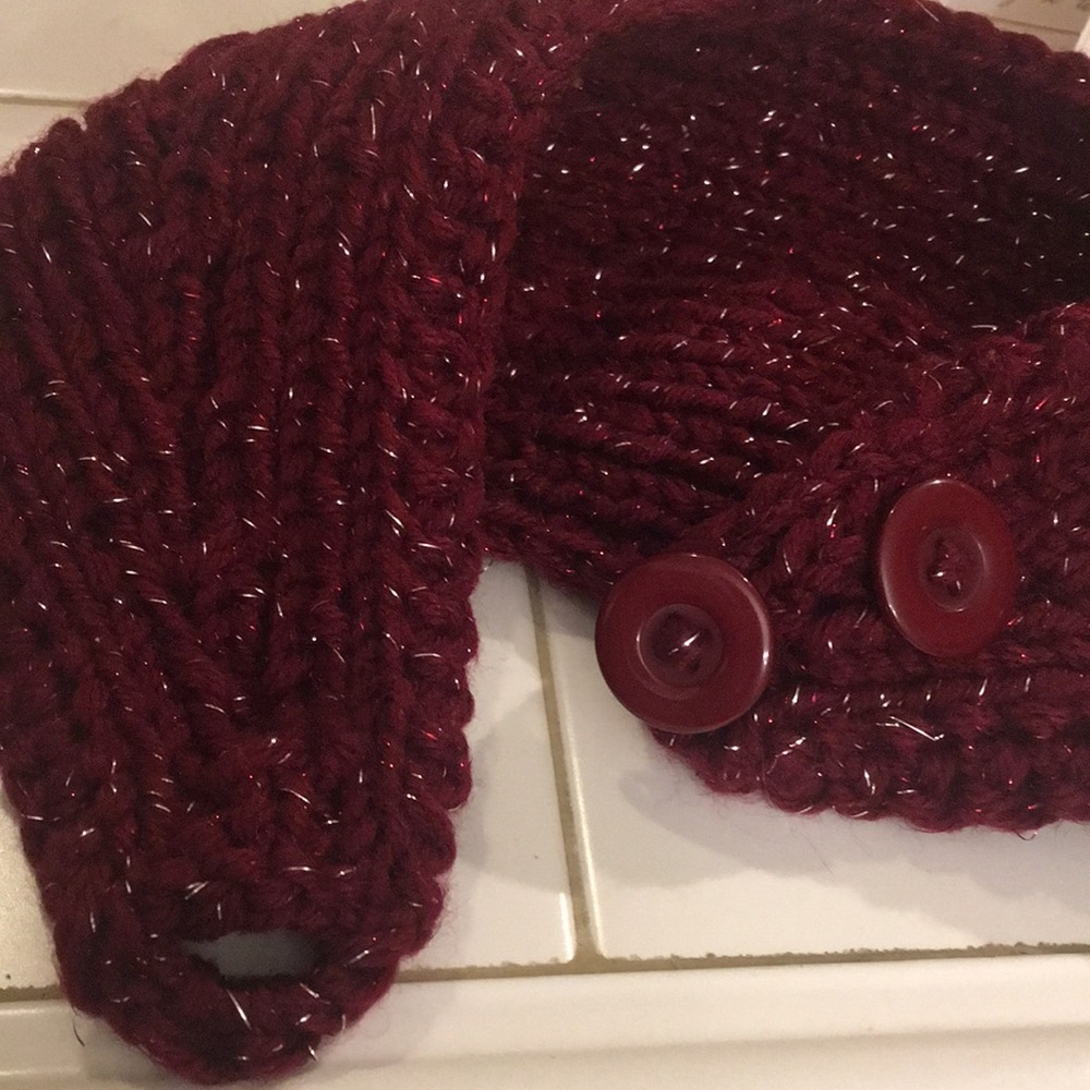 Burgundy Metallic Knit Wide Headband/Hat with Feather & Beaded Accent - Picture 6 of 10
